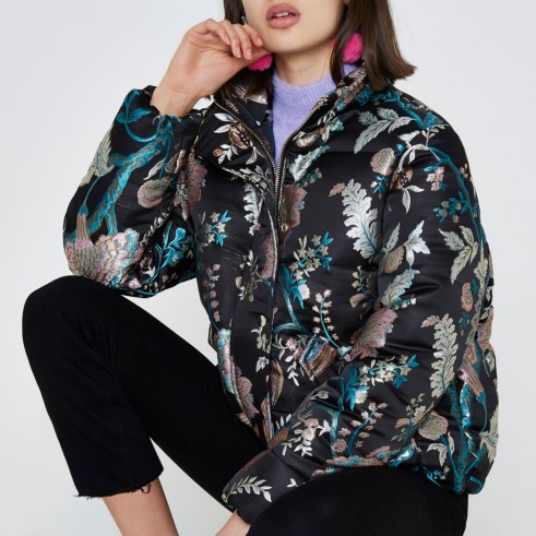 River Island Black floral jacquard puffer jacket ~ metallic print jackets