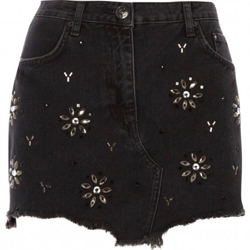 RIVER ISLAND Black gem embellished frayed hem denim skirt | mini skirts - flipped