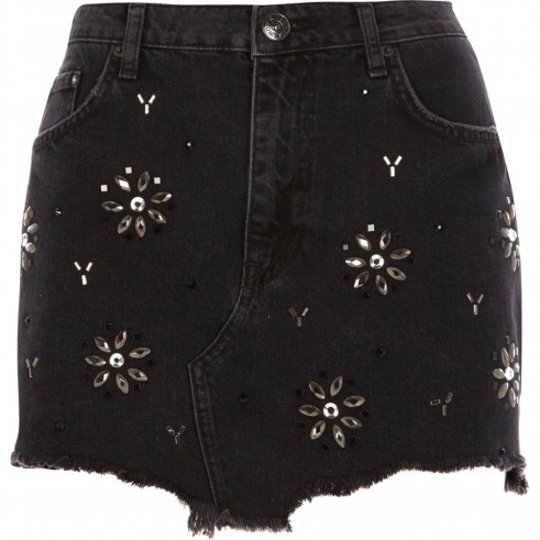 RIVER ISLAND Black gem embellished frayed hem denim skirt | mini skirts