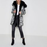 River Island Black jacquard faux fur trim parka – winter coats