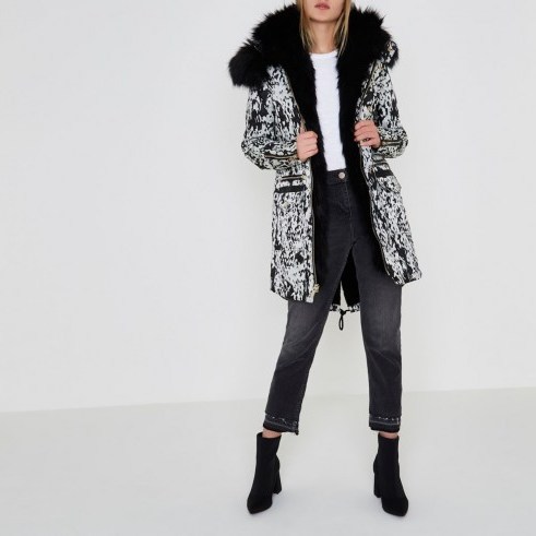 River Island Black jacquard faux fur trim parka – winter coats - flipped