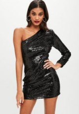 missguided black one shoulder sequin dress ~ sparkly party dresses ~ glamorous lbd