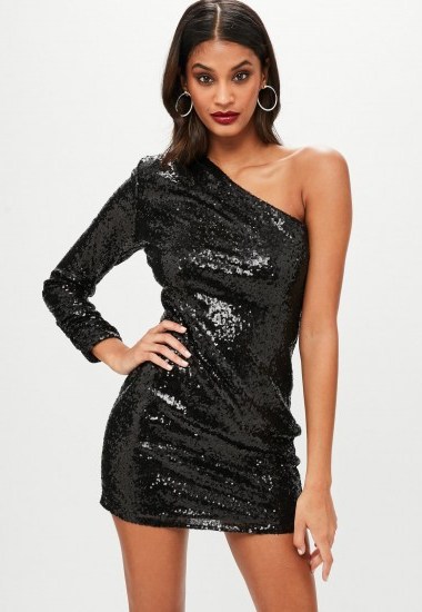 missguided black one shoulder sequin dress ~ sparkly party dresses ~ glamorous lbd - flipped