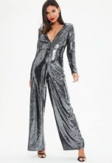 missguided black plunge long sleeve sequin jumpsuit ~ party glamour ~ glittering jumpsuits