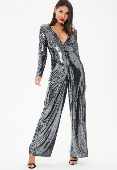 missguided black plunge long sleeve sequin jumpsuit ~ party glamour ~ glittering jumpsuits - flipped