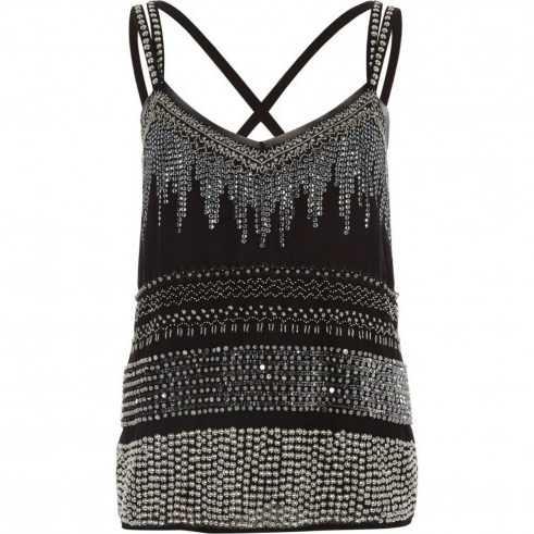 River Island Black sequin embellished cross back cami top ~ party tops - flipped