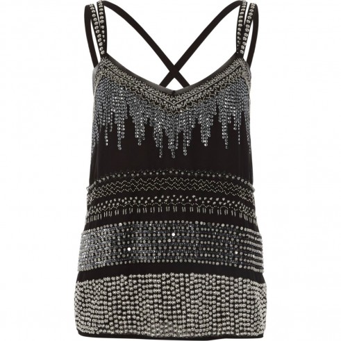 River Island Black sequin embellished cross back cami top ~ party tops