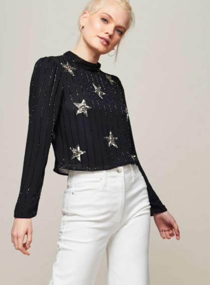 Miss Selfridge Black Star Embellished Long Sleeve Blouse / shimmering beaded blouses - flipped