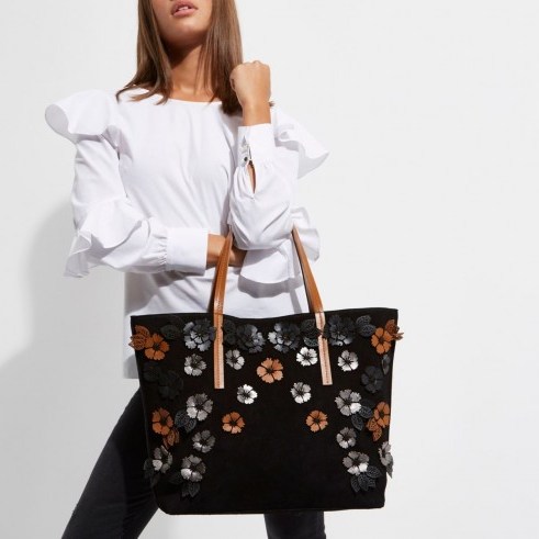 River Island Black suede 3D flower tote bag | pretty floral bags - flipped