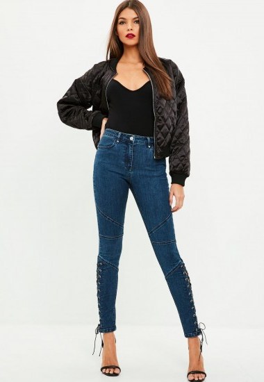 missguided blue anarchy seamed cross lace skinny jeans ~ side lace up ~ ankle ties - flipped