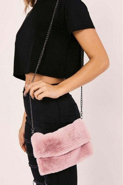 IN THE STYLE BLUSH PINK FAUX FUR BAG ~ fluffy shoulder bags ~ cute clutch - flipped