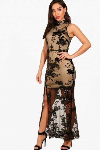boohoo Boutique Camy Sequin Mesh Maxi Dress – long semi sheer party dresses - flipped