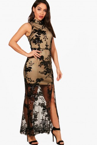 boohoo Boutique Camy Sequin Mesh Maxi Dress – long semi sheer party dresses