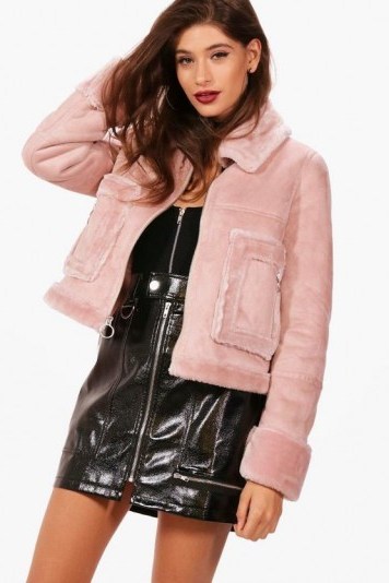 boohoo Boutique Emma Faux Fur Pocket Aviator Jacket – dusky pink jackets - flipped