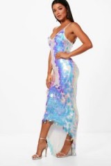 boohoo Boutique Eva Iridescent Mermaid Maxi Dress – party glamour – glamorous going out fashion – iridescent dresses