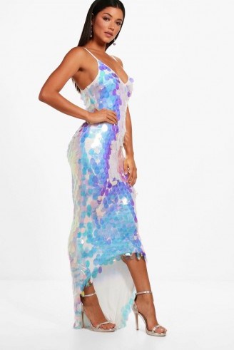 boohoo Boutique Eva Iridescent Mermaid Maxi Dress – party glamour – glamorous going out fashion – iridescent dresses - flipped