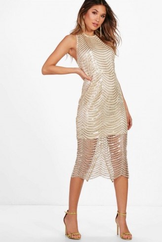 boohoo Boutique Zoe Sequin Open Back Midi Dress – gold semi sheer party dresses – evening glamour - flipped