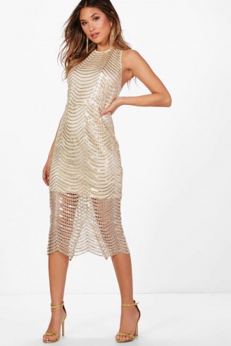 boohoo Boutique Zoe Sequin Open Back Midi Dress – gold semi sheer party dresses – evening glamour
