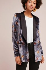 ANTHROPOLOGIE Boya Printed Velvet Tuxedo Blazer / grey floral jackets / luxurious / luxury blazers