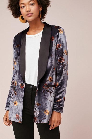 ANTHROPOLOGIE Boya Printed Velvet Tuxedo Blazer / grey floral jackets / luxurious / luxury blazers - flipped
