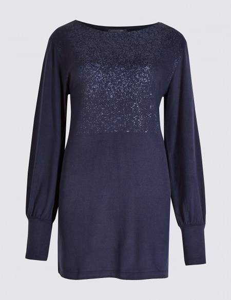 M&S COLLECTION Brushed Foil Print Slash Neck Tunic / navy blue tunics / Marks and Spencer tops - flipped