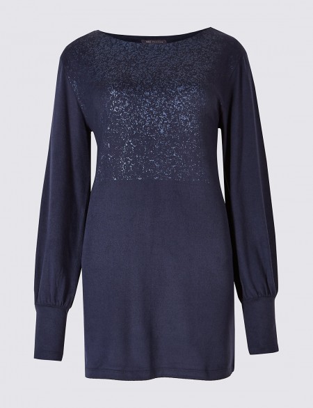 M&S COLLECTION Brushed Foil Print Slash Neck Tunic / navy blue tunics / Marks and Spencer tops