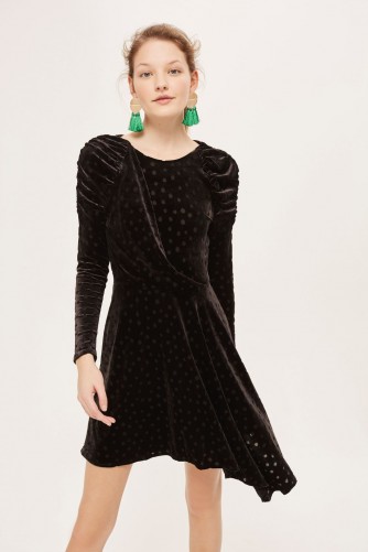 TOPSHOP Spot Velvet Skater Dress – black asymmetric party dresses