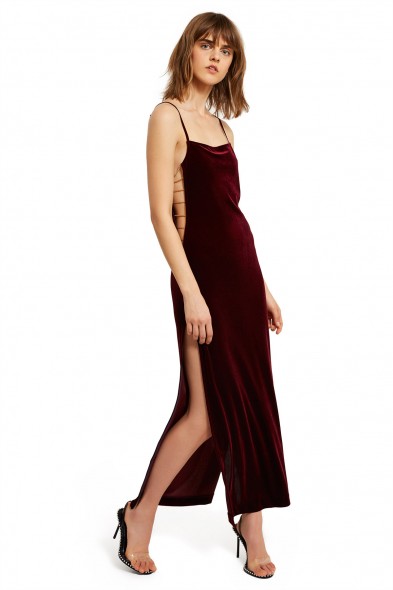 CALLIPYGIAN MAXI SIDE OPEN DRESS | long plum colour dresses | strappy party wear