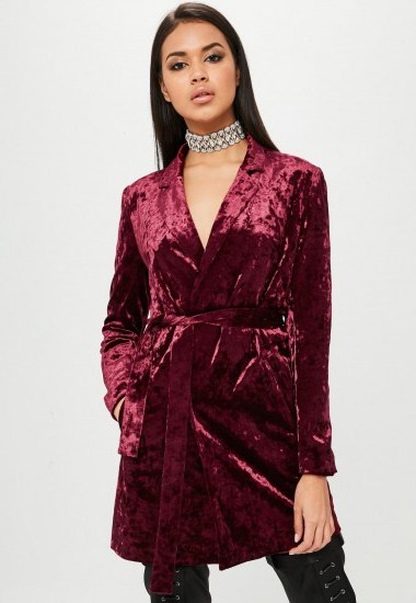 carli bybel x missguided burgundy crushed velvet wrap dress – dark red going out dresses - flipped