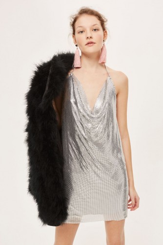 Topshop Chainmail Halter Neck Shift Dress | slinky silver plunge front dresses | metallic party wear | chain mail