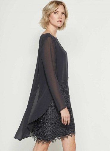 MINT VELVET CHARCOAL LACE CAPE LAYER DRESS / party style / semi sheer occasion dresses - flipped