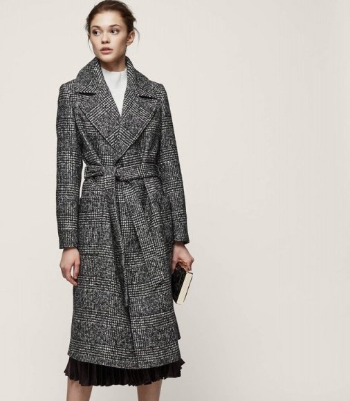 REISS CHAY HOUNDSTOOTH WRAP COAT BLACK/WHITE ~ classic tie belt winter coats - flipped
