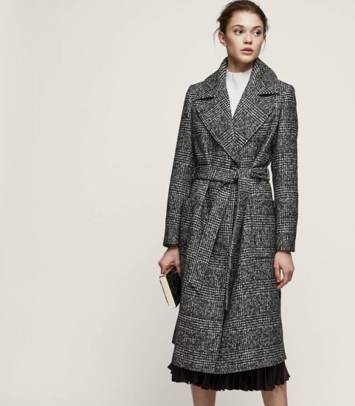 REISS CHAY HOUNDSTOOTH WRAP COAT BLACK/WHITE ~ classic tie belt winter ...