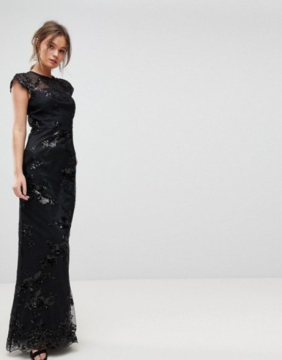Chi Chi London High Neck Sequin Lace Maxi With Cap Sleeve ~ long black party dresses - flipped