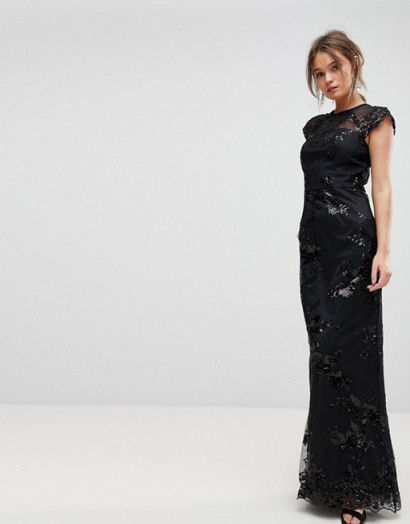 Chi Chi London High Neck Sequin Lace Maxi With Cap Sleeve ~ long black party dresses