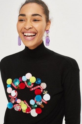 Topshop Christmas 3D Wreath Jumper | black Xmas jumpers | embellished high neck sweaters - flipped