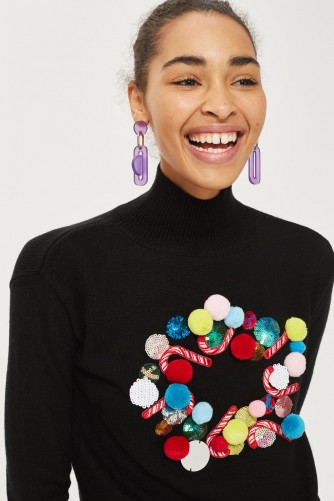 Topshop Christmas 3D Wreath Jumper | black Xmas jumpers | embellished high neck sweaters
