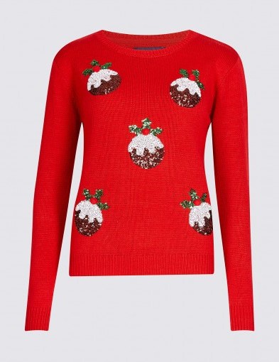 M&S COLLECTION Christmas Pudding Embellished Novelty Jumper | red crew neck Xmas jumpers - flipped