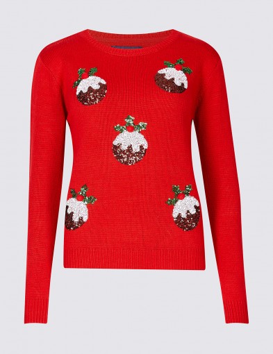 M&S COLLECTION Christmas Pudding Embellished Novelty Jumper | red crew neck Xmas jumpers