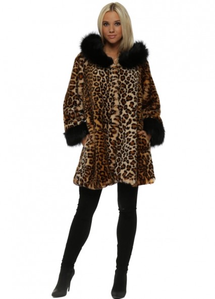 MADE IN ITALY Classic Leopard Luxe Faux Fur Hooded Coat / brown animal print coats / winter glamour