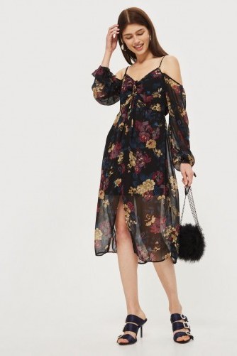 Band of Gypsies Cold Shoulder Midi Dress – semi sheer strappy floral dresses - flipped