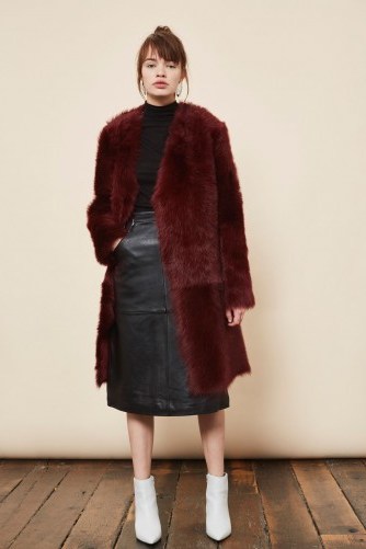 TOPSHOP Collarless Toscna Faux Fur Coat – fluffy burgundy winter coats – dark red - flipped