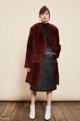 TOPSHOP Collarless Toscna Faux Fur Coat – fluffy burgundy winter coats – dark red