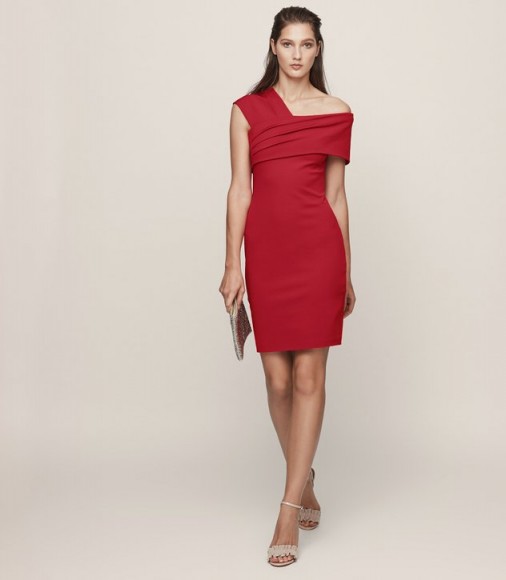 REISS CRISTIANA ONE-SHOULDER COCKTAIL DRESS MARASCHINO / red party dresses / sophisticated style evening wear