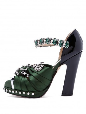 NO. 21 Crystal-embellished green satin and leather pumps - flipped