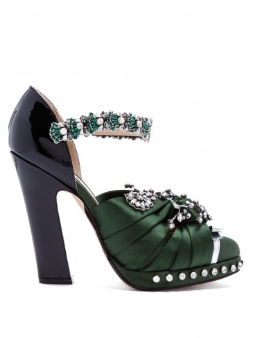 NO. 21 Crystal-embellished green satin and leather pumps