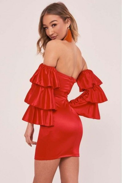 IN THE STYLE CYLIA RED SATIN RUFFLE SLEEVE BARDOT DRESS ~ ruffled off the shoulder party dresses - flipped