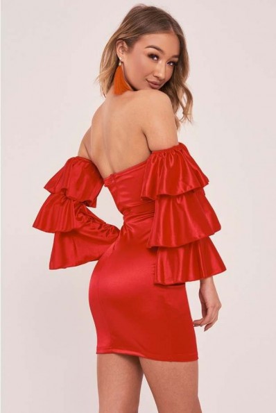 IN THE STYLE CYLIA RED SATIN RUFFLE SLEEVE BARDOT DRESS ~ ruffled off the shoulder party dresses