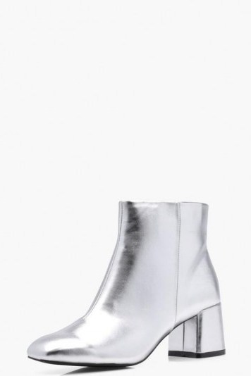 boohoo Daisy Metallic Block Heel Ankle Boot – silver chunky heeled boots - flipped