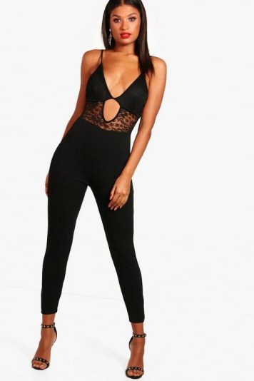 boohoo Dalia Lingerie Style Skinny Leg Jumpsuit – black fitted jumpsuits – party fashion - flipped